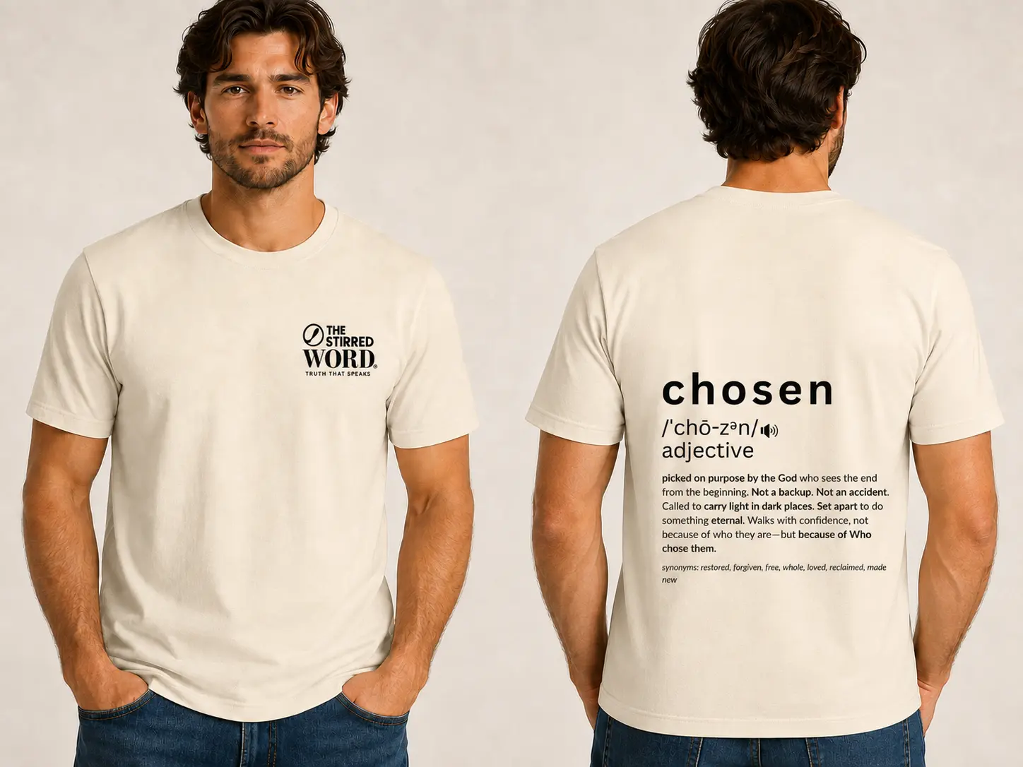 Chosen cream T-shirt, front and back