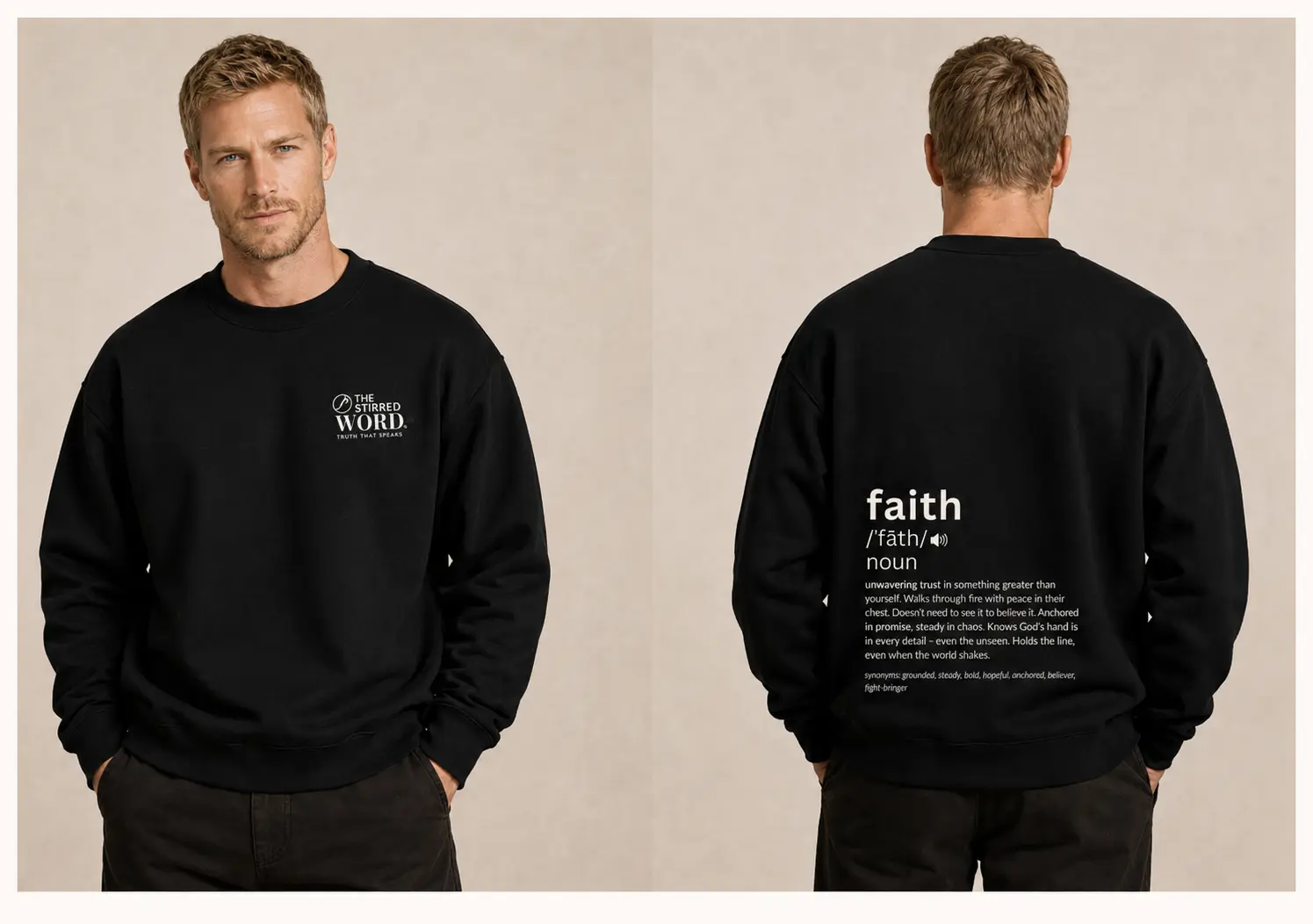 Faith black oversized sweatshirt on a blond male model, front and back