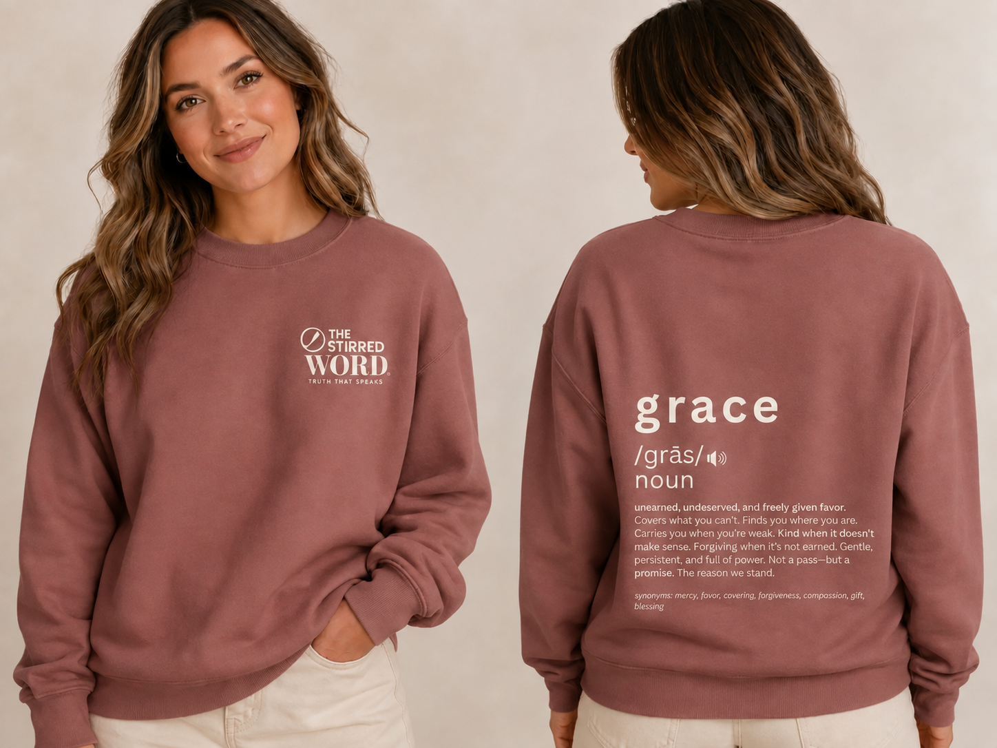 Grace Dusty Rose oversized sweatshirt, front and back
