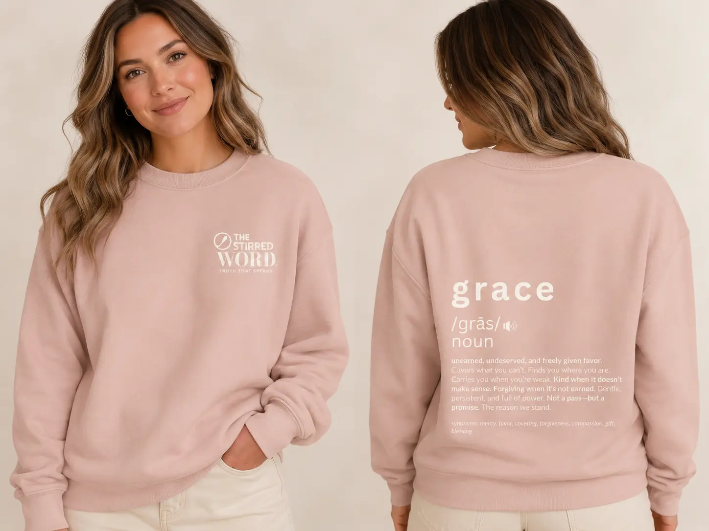 Grace blush oversized sweatshirt, front and back