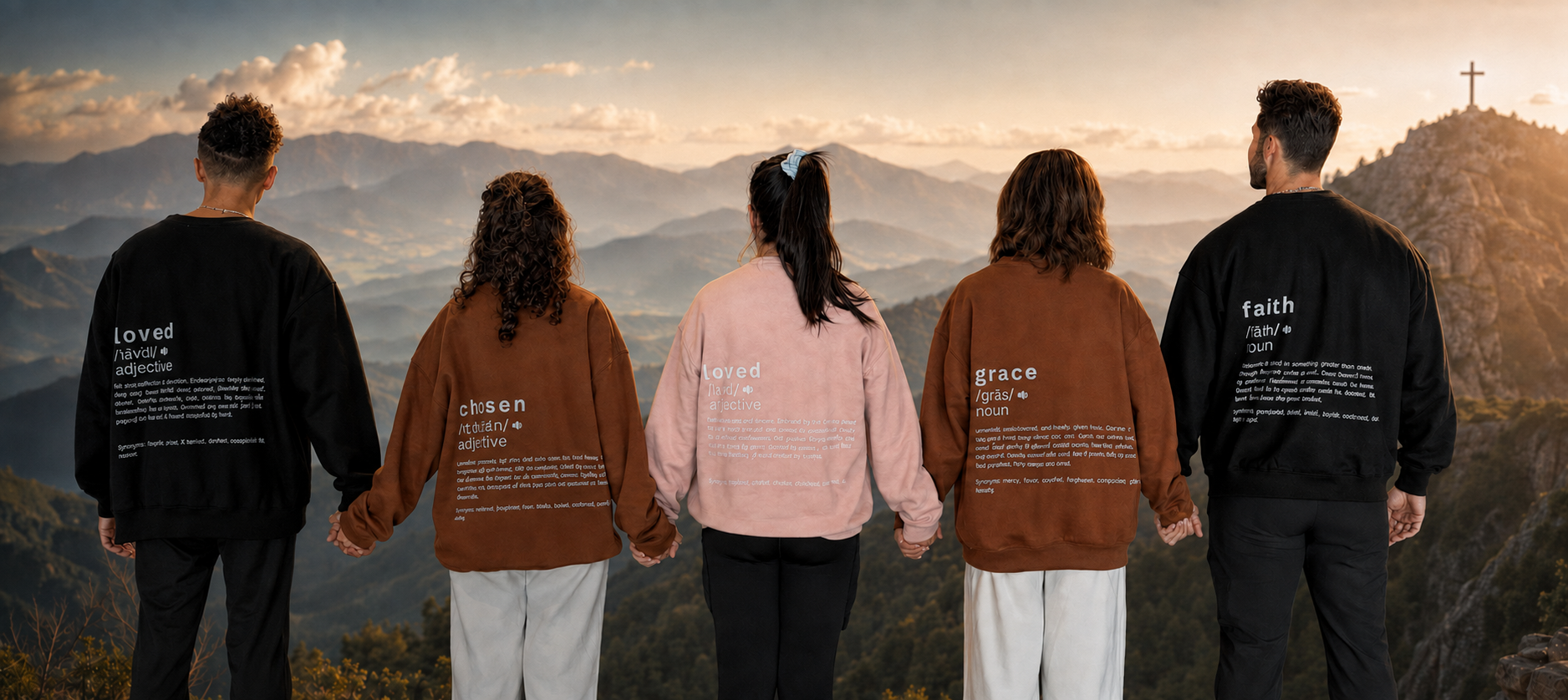Five people holding hands on a mountaintop wearing Identity Collection sweatshirts in Black, Cocoa, Dusty Rose and Charcoal