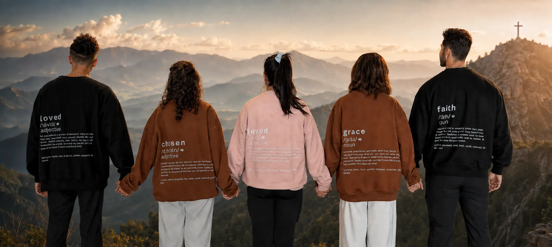 Five people wearing Identity Collection sweatshirts