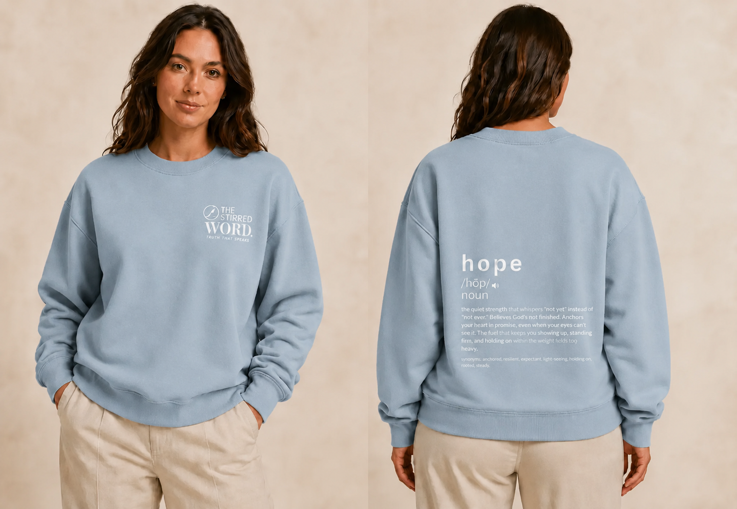 Hope Stone Blue oversized sweatshirt, front and back