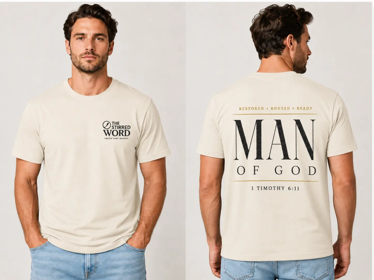 Man of God warm cream T-shirt, front and back