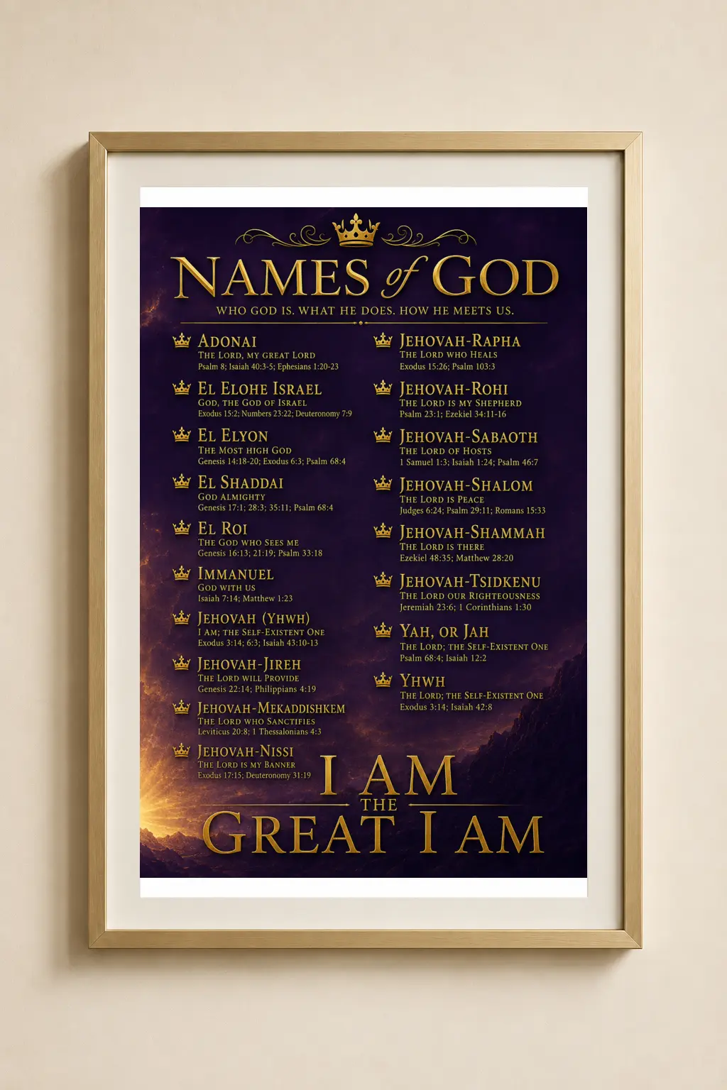 Names of God Scripture art in a gold wood frame with a white mat