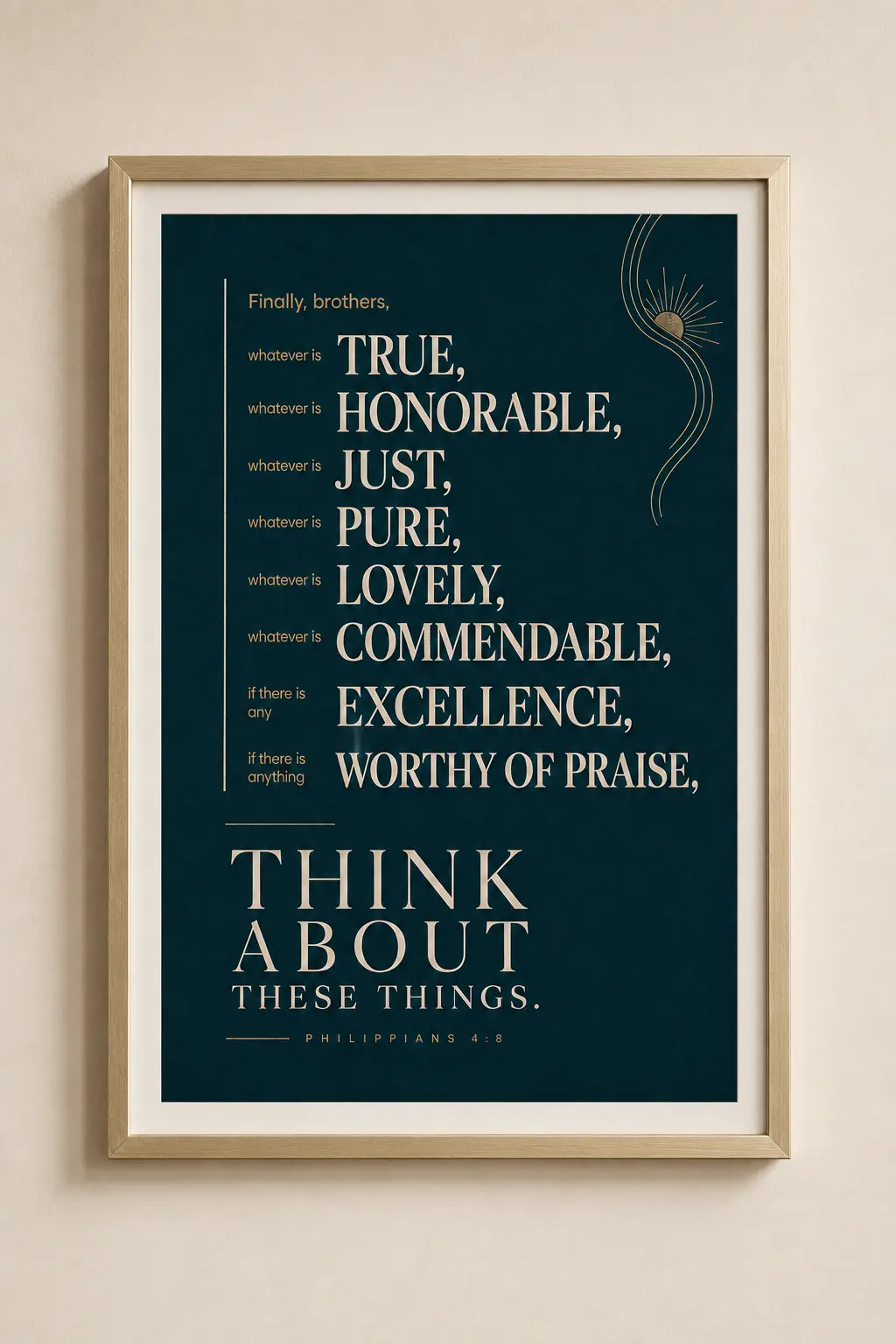 Think About These Things Philippians 4:8 art in a gold frame