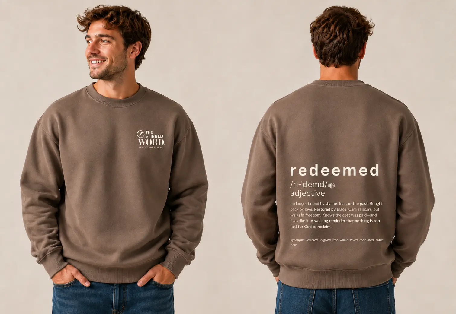 Redeemed brown oversized sweatshirt, front and back