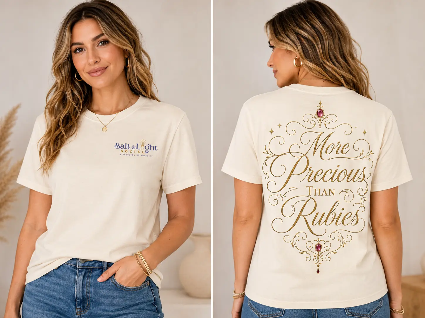 More Precious Than Rubies cream T-shirt, front and back