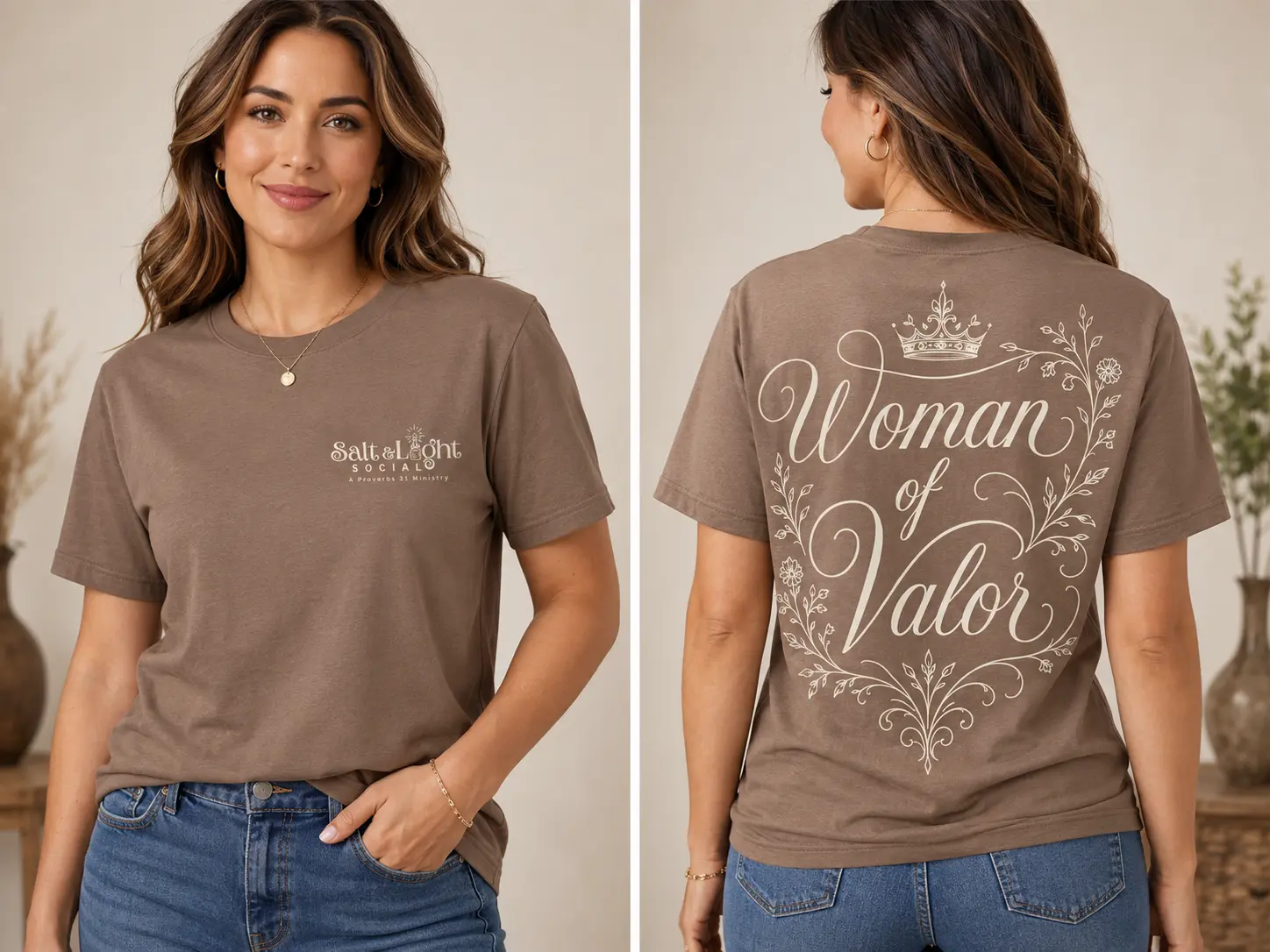 Woman of Valor light tan T-shirt, front and back