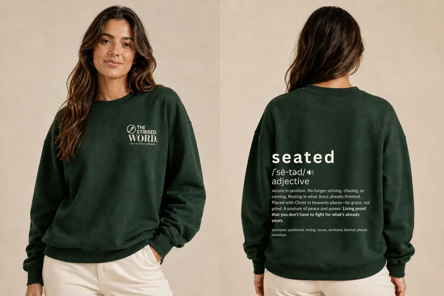 Seated forest green oversized sweatshirt, front and back