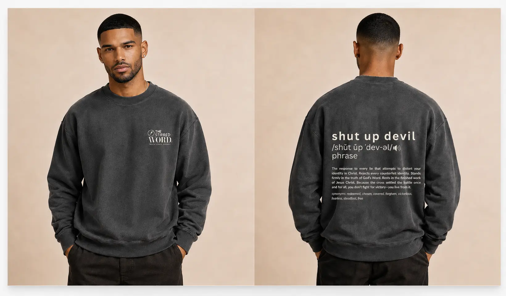 Shut Up Devil definition-back washed-charcoal oversized sweatshirt, front and back