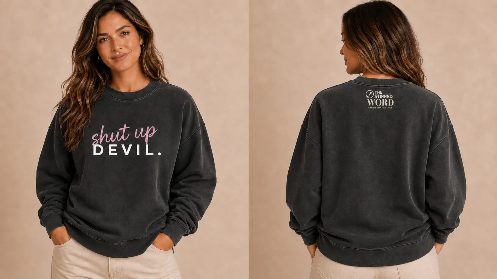 Women's Shut Up Devil washed-charcoal oversized crewneck with dusty-pink slanted script and white block lettering, front and back