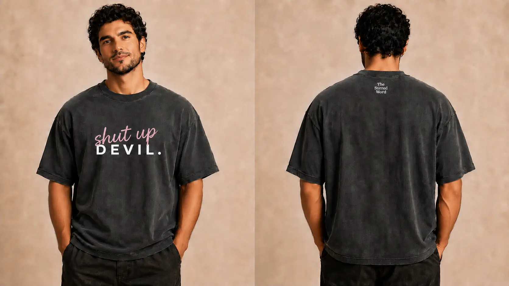 Men's Shut Up Devil washed-charcoal oversized T-shirt with dusty-pink slanted script and white block lettering, front and back