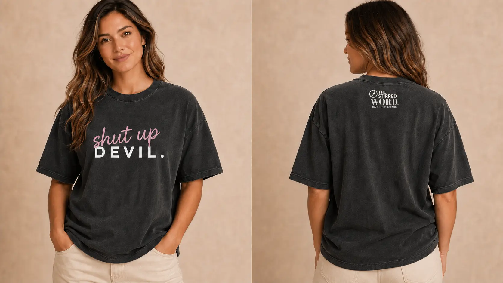 Women's Shut Up Devil washed-charcoal oversized T-shirt with dusty-pink slanted script and white block lettering, front and back