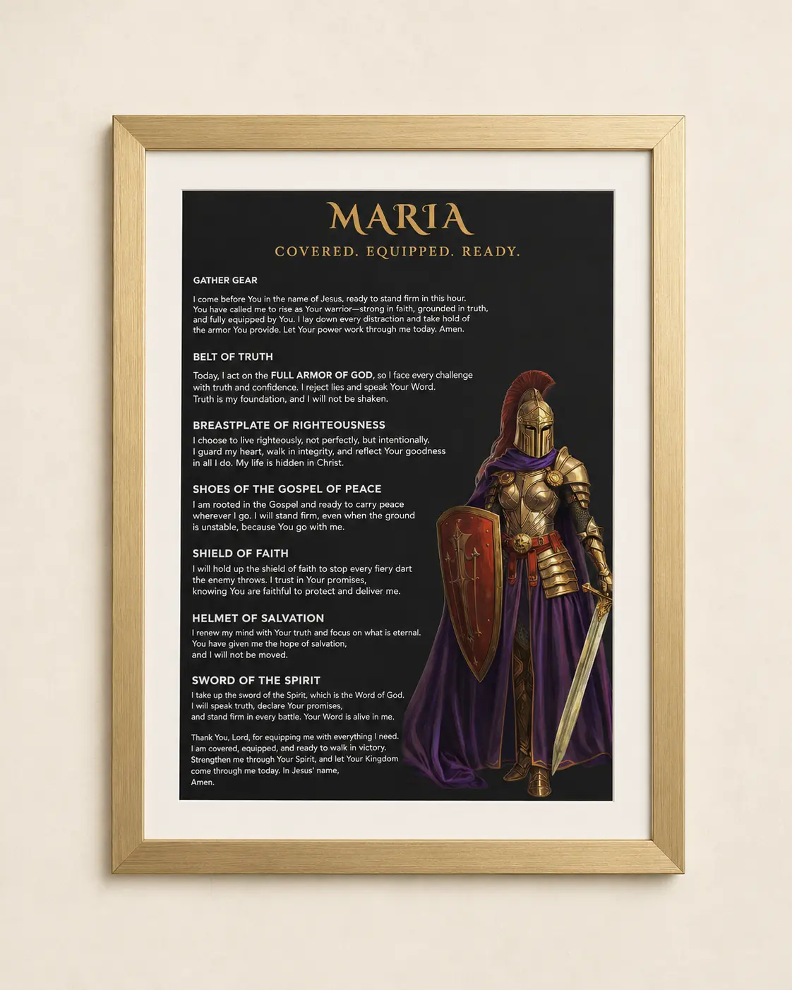 Personalized female Armor of God prayer in a gold frame