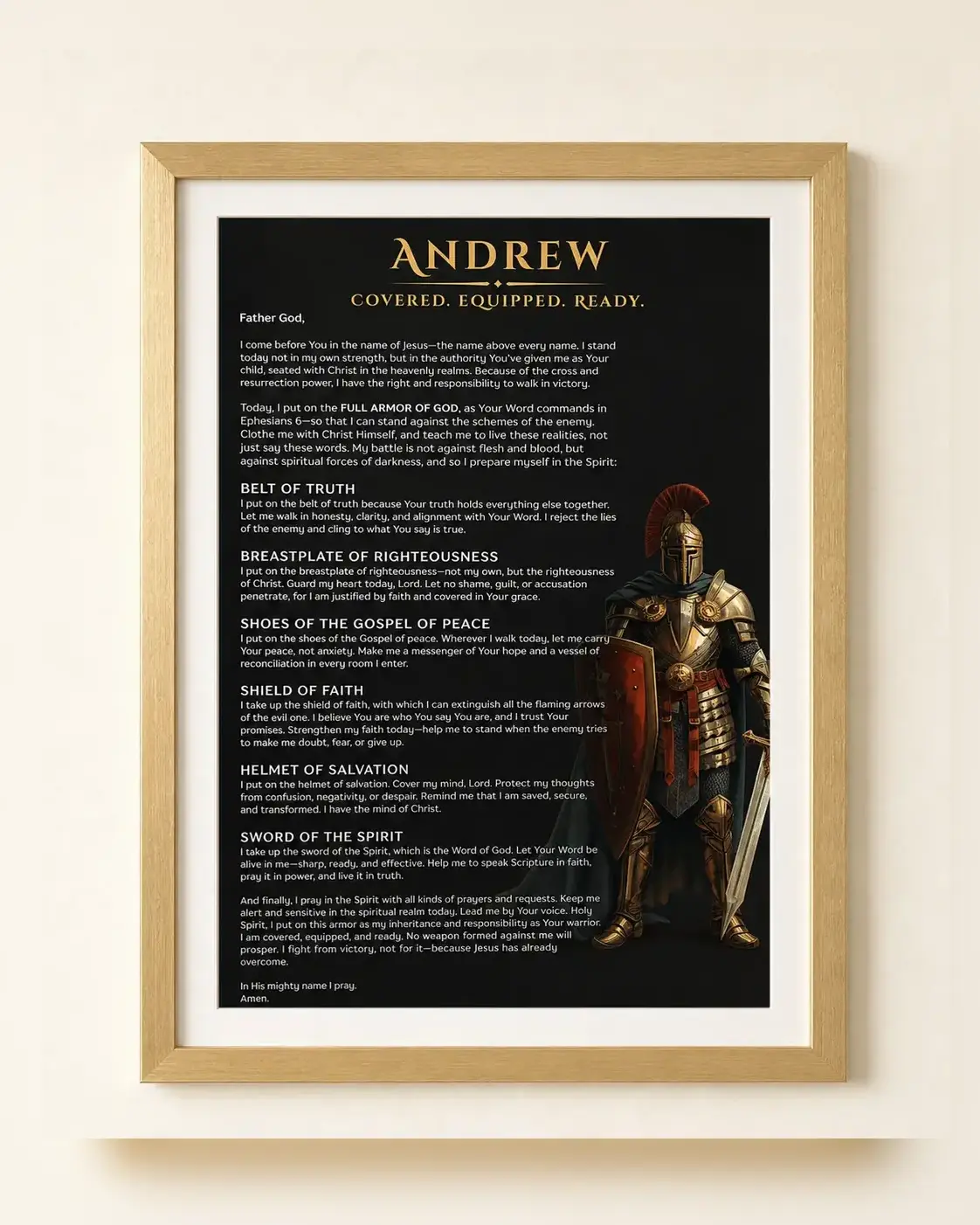 Personalized male Armor of God prayer in a gold frame